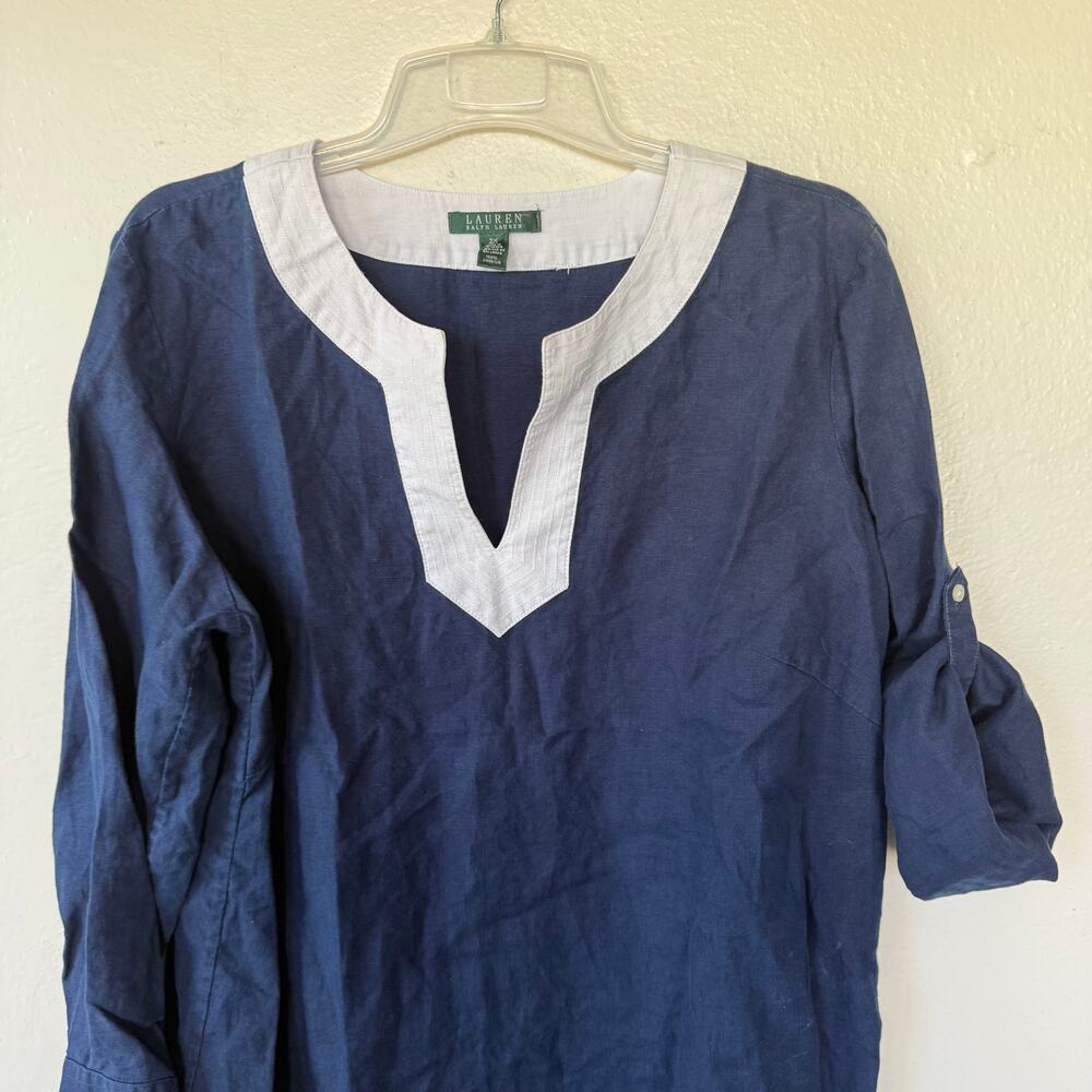 Lauren Ralph Lauren Linen Roll Tab Tunic Blouse size 2X Navy Blue White - Picture 4 of 10